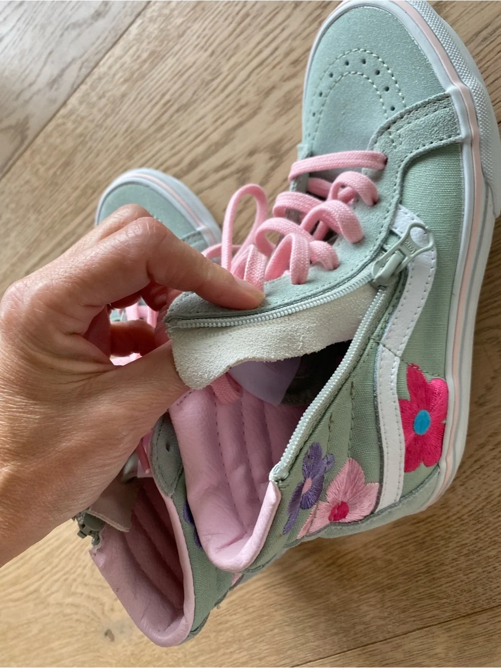 New! Vans Kids Mint Green High-Top Sneakers with Pink Laces and Floral Patches